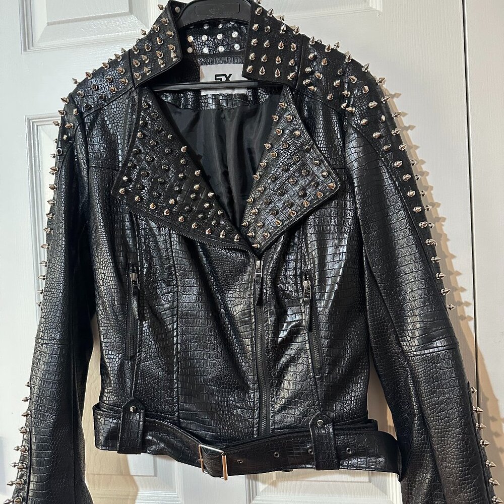 SX Punk Studded Motorcycle Faux Crocodile Leather Jacket